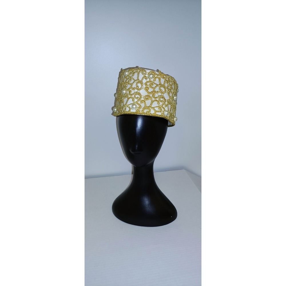 White Pearl and Gold Vintage High Pillbox Hat